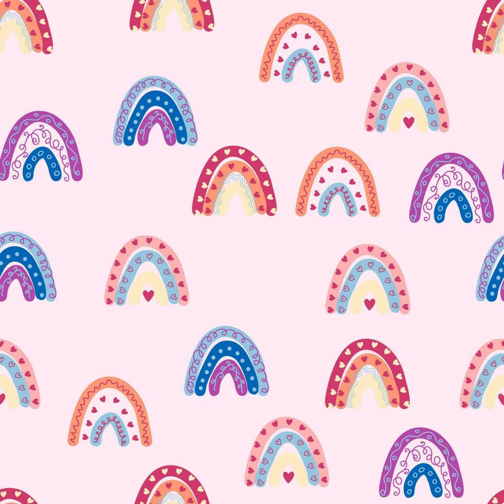 Seamless pattern graceful rainbows in boho colors. Scandinavian baby hand style for newborns. vector