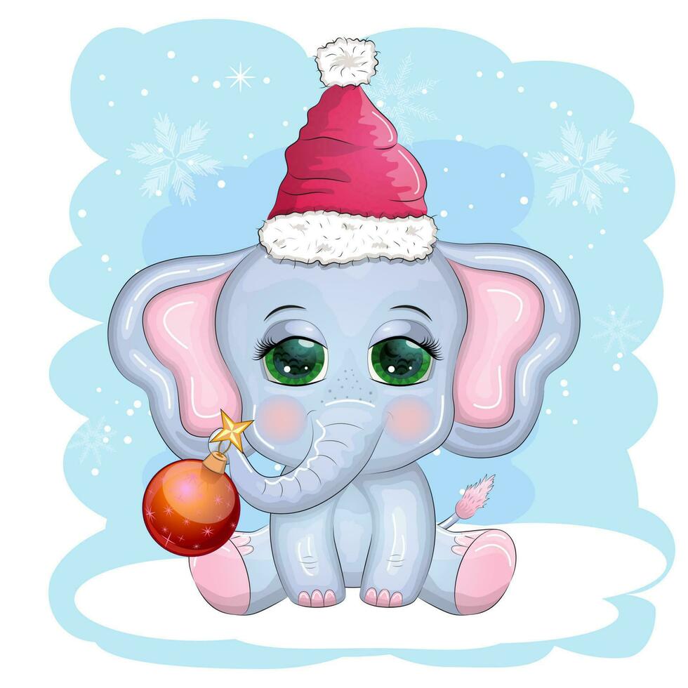 Cute cartoon elephant, childish character with beautiful eyes wearing santa hat, scarf, holding gift, christmas ball vector