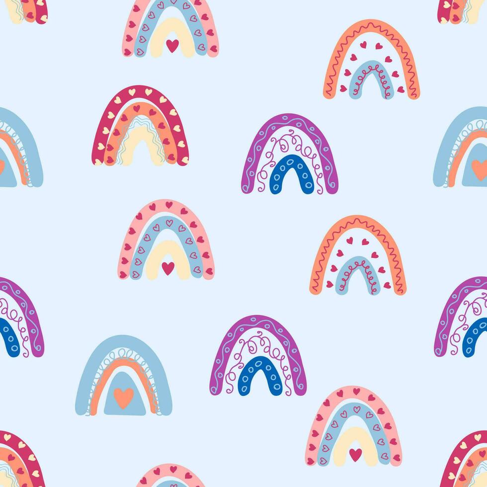Seamless pattern graceful rainbows in boho colors. Scandinavian baby hand style for newborns. vector