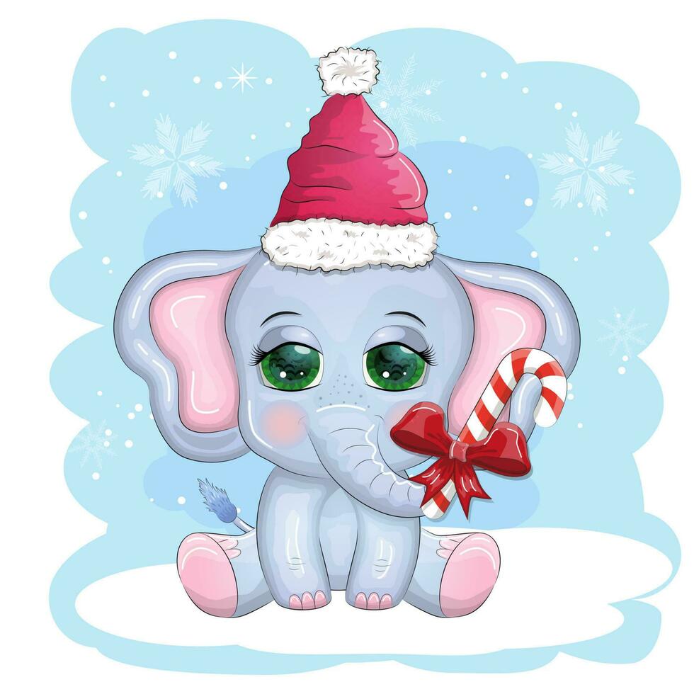Cute cartoon elephant, childish character with beautiful eyes wearing santa hat, scarf, holding gift, christmas ball vector