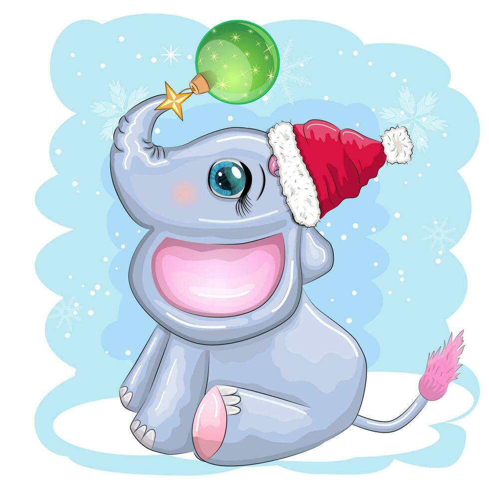 linda dibujos animados elefante, infantil personaje con hermosa ojos vistiendo Papa Noel sombrero, bufanda, participación regalo, Navidad pelota vector