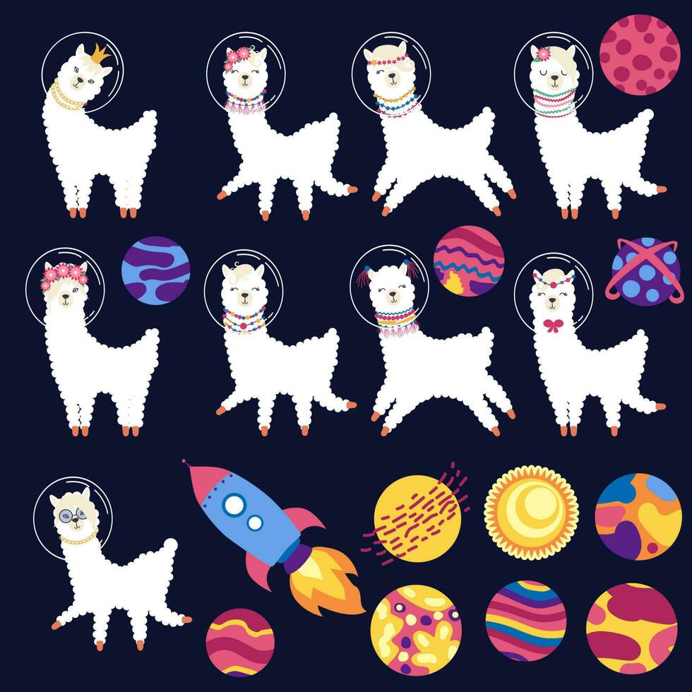 Llama in a rocket, in space set of animals characters. Lama travels, adventures among the stars. vector