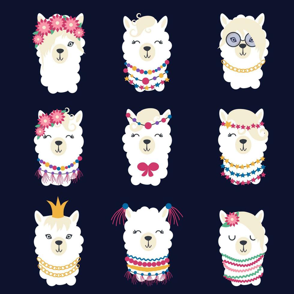 Llama set of cute animals. White alpaca with different muzzles vector