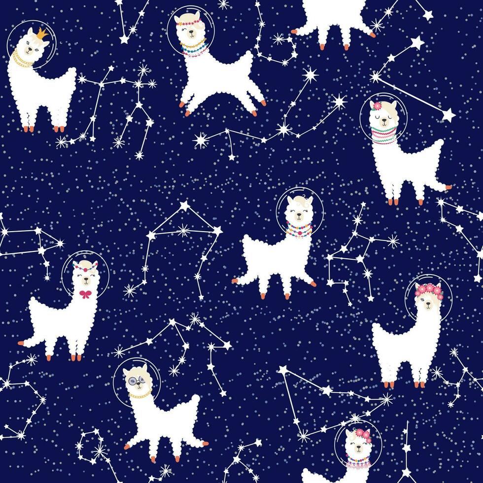 Seamless pattern with lama in a rocket, in space. Lama travels, adventures among the stars. Cute pattern with alpaca vector