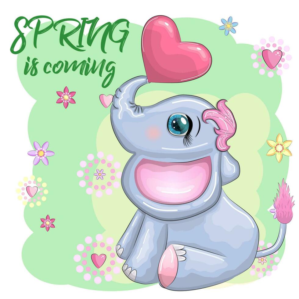 Cute cartoon elephant, childish character with beautiful eyes with a heart. vector