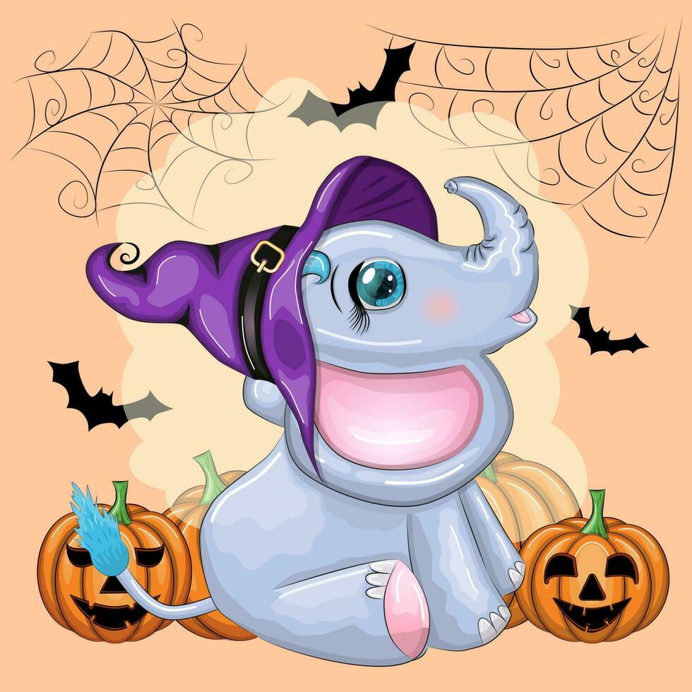 linda dibujos animados elefante, infantil personaje en mago sombrero con calabaza, poción o escoba. Víspera de Todos los Santos tarjeta postal vector