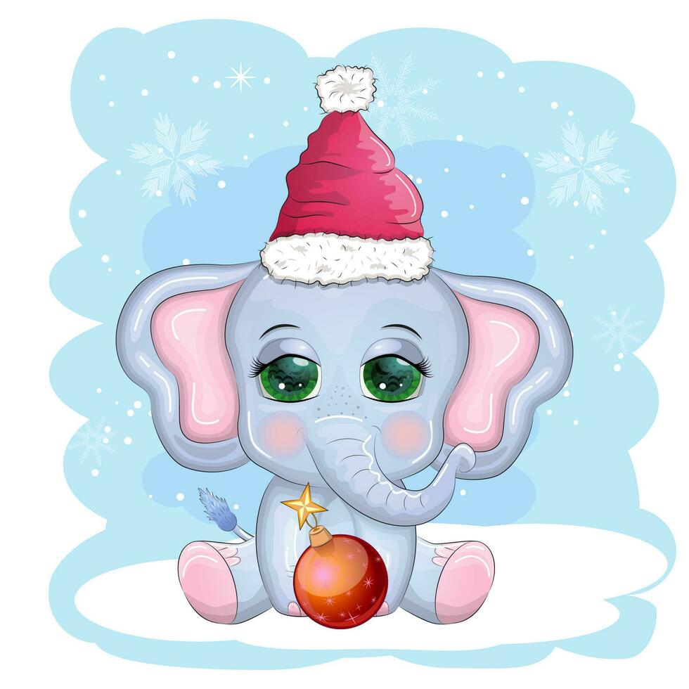 linda dibujos animados elefante, infantil personaje con hermosa ojos vistiendo Papa Noel sombrero, bufanda, participación regalo, Navidad pelota vector