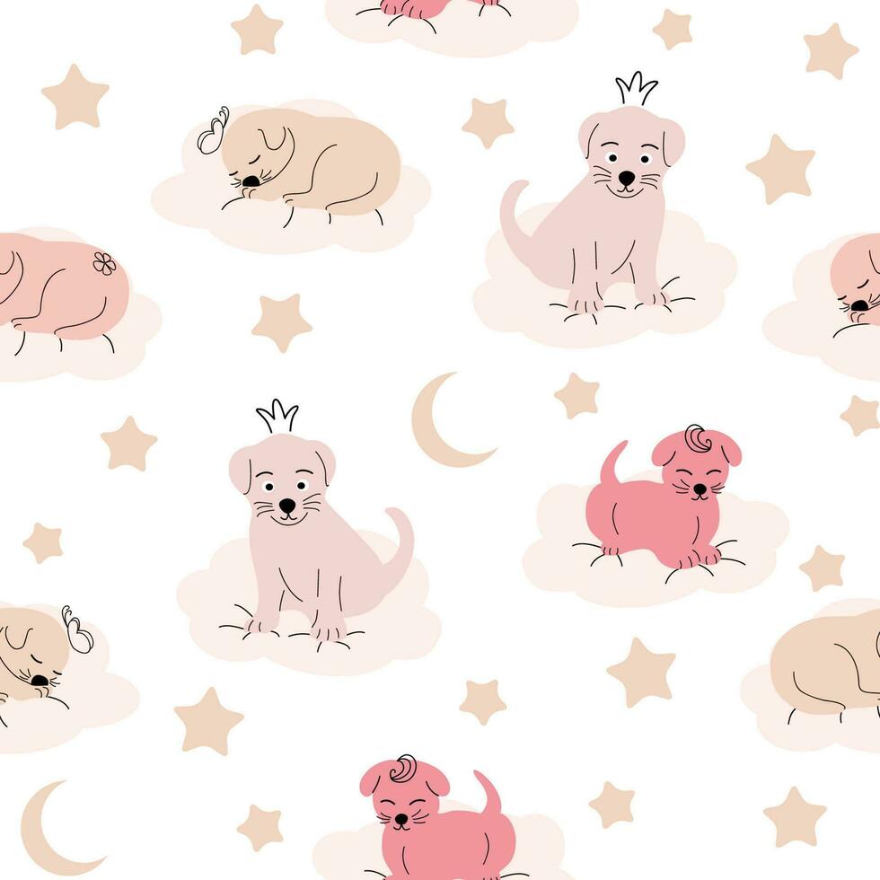 Cute sleeping puppy, clouds, stars, crown, butterflies Seamless pattern. Gentle colors. For newborns vector