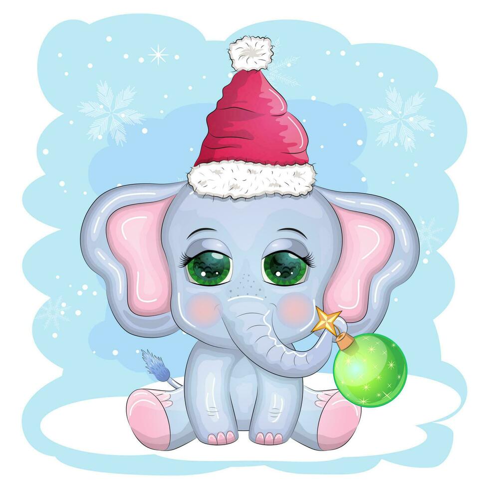 linda dibujos animados elefante, infantil personaje con hermosa ojos vistiendo Papa Noel sombrero, bufanda, participación regalo, Navidad pelota vector