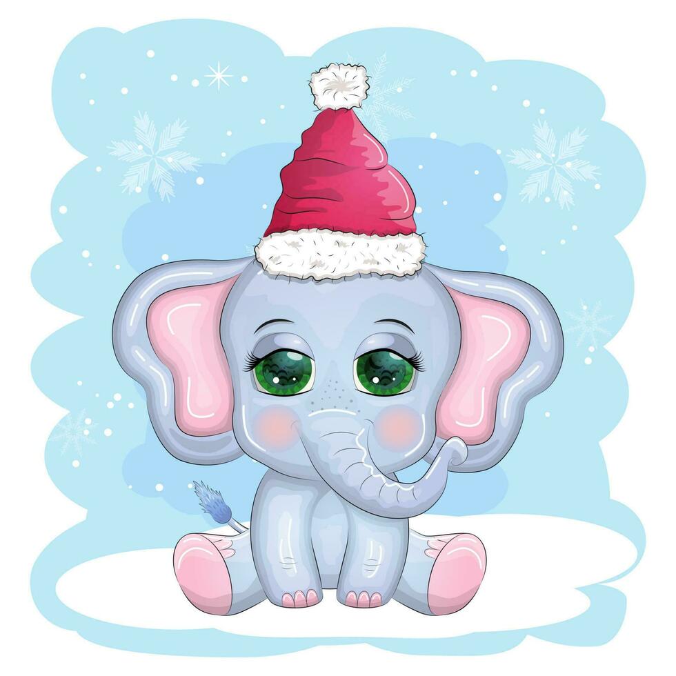 linda dibujos animados elefante, infantil personaje con hermosa ojos vistiendo Papa Noel sombrero, bufanda, participación regalo, Navidad pelota vector