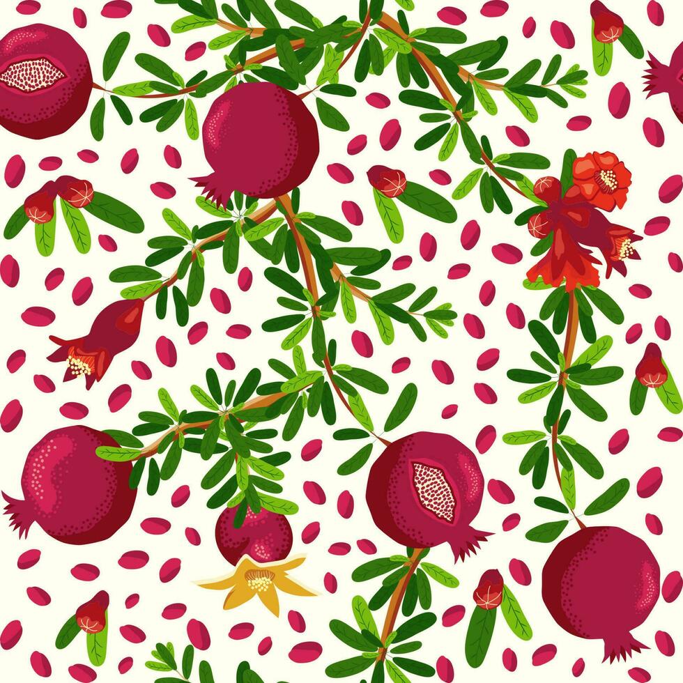 Pomegranate branches with fruits and flowers Seamless pattern. Bright leaves and fruits. Jewish New Year vector