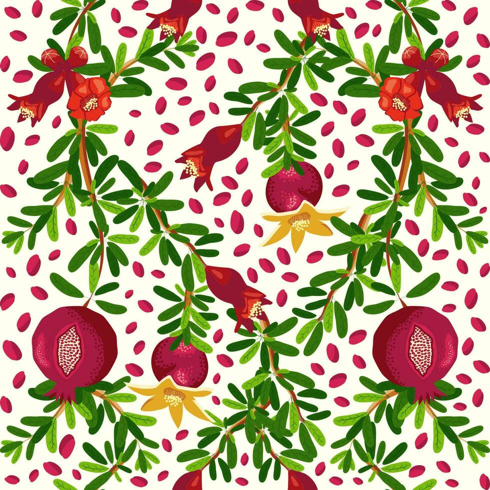 Pomegranate branches with fruits and flowers Seamless pattern. Bright leaves and fruits. Jewish New Year vector