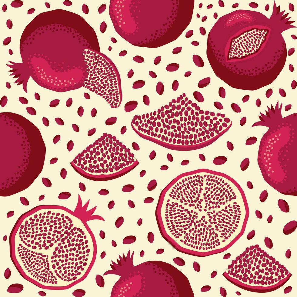Pomegranate fruit seamless pattern. Bright leaves and fruits, seeds and lobules. Shana Tova seamless pattern vector
