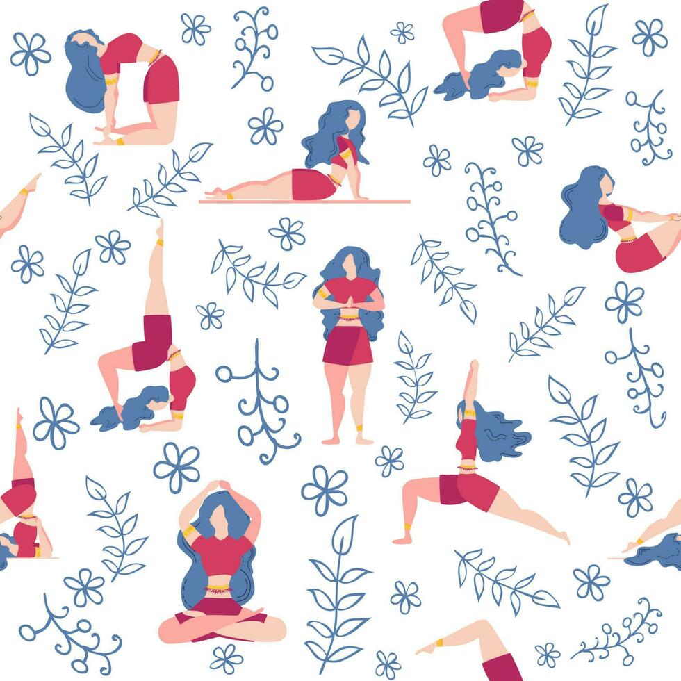 Yoga seamless pattern woman is engaged. Yoga poses, lotus, monstera. Health of mind and body vector