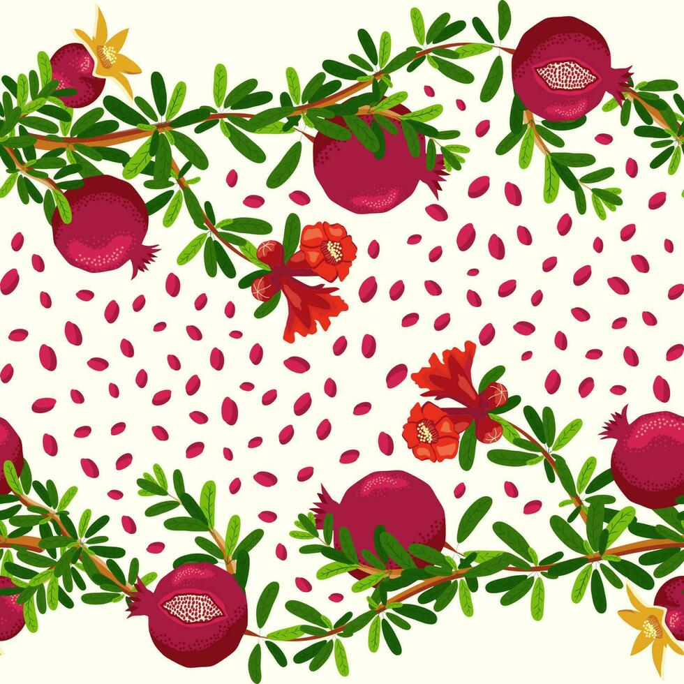 Pomegranate branches with fruits and flowers Seamless pattern. Bright leaves and fruits. Jewish New Year vector