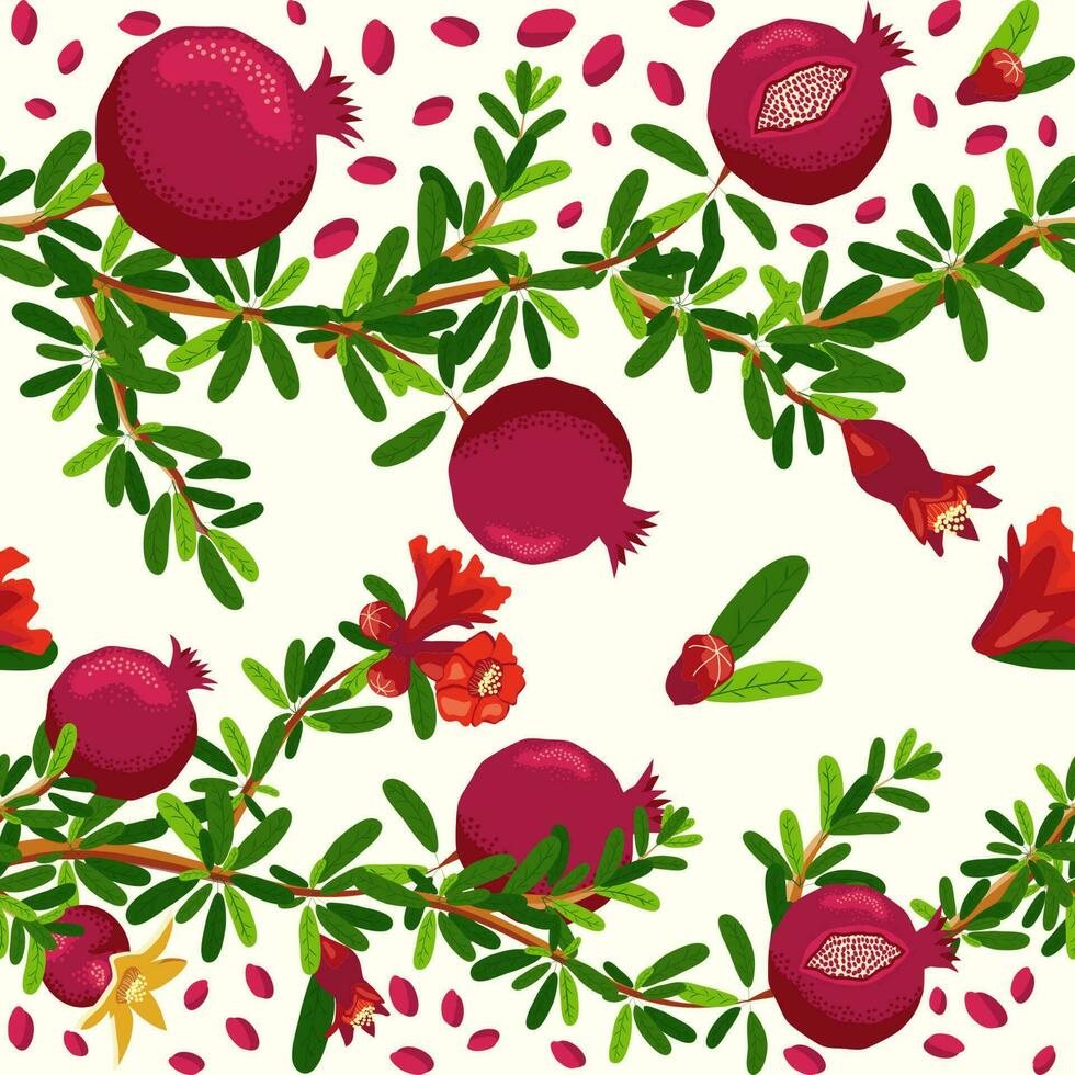 Pomegranate branches with fruits and flowers Seamless pattern. Bright leaves and fruits. Jewish New Year vector