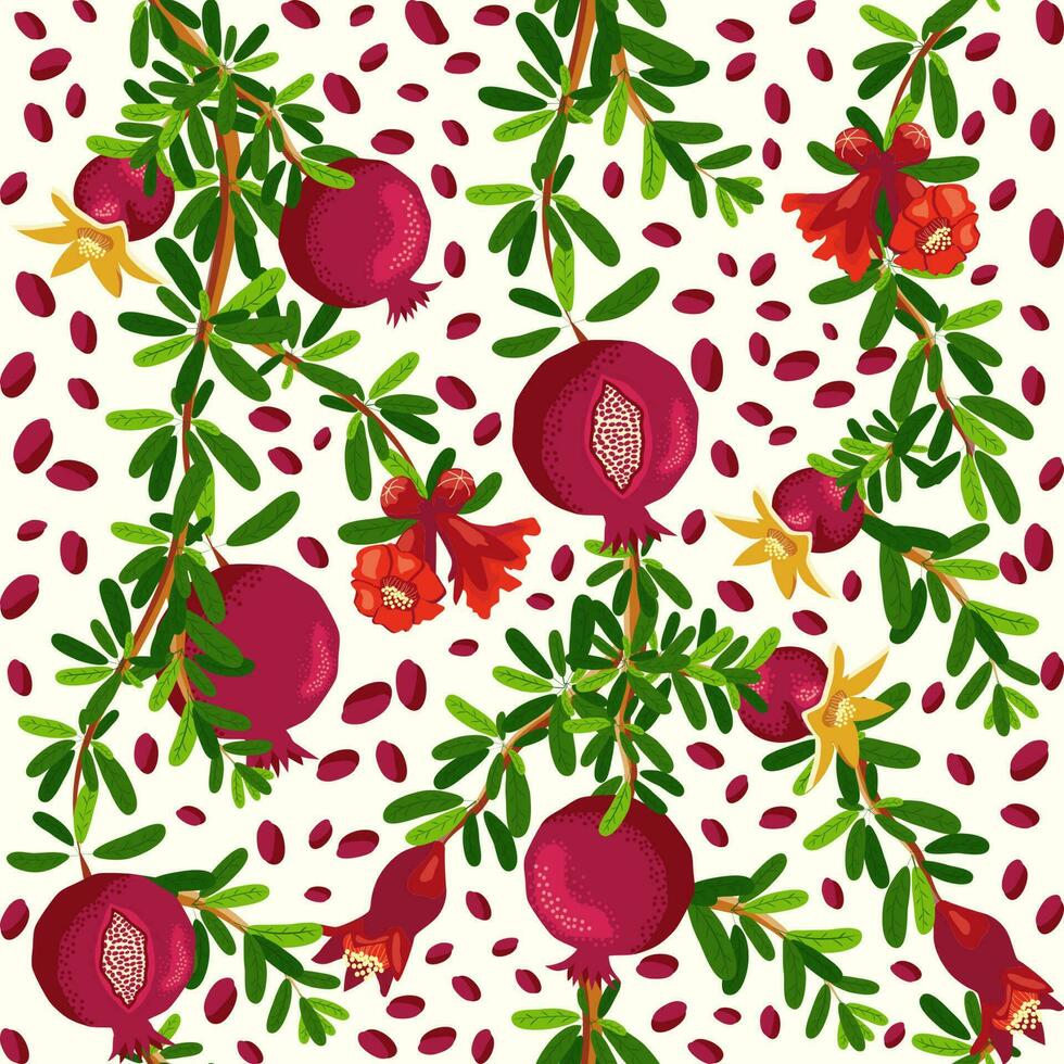 granada ramas con frutas y flores sin costura modelo. brillante hojas y frutas judío nuevo año vector