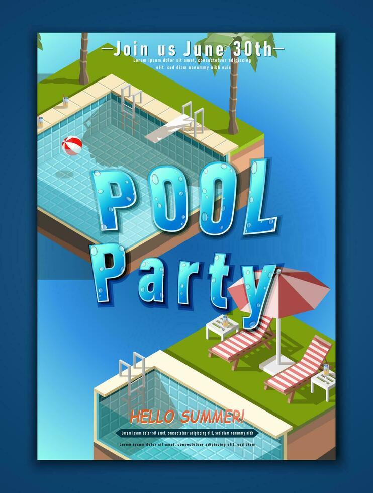 Vector summer party banner template. Pool party with isometric pools.