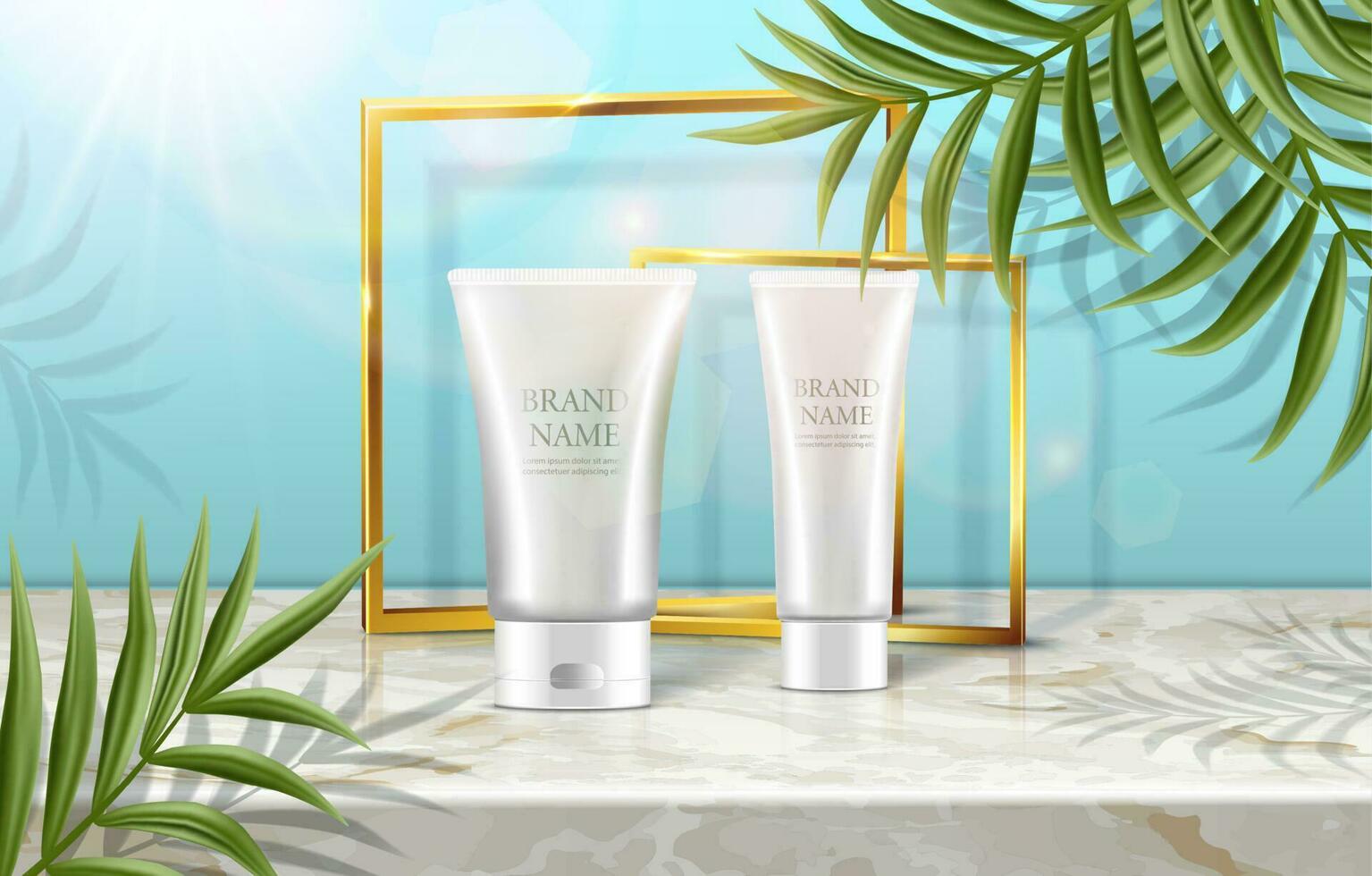Vector summer beauty cosmetics banner advertisement with palms and cream bottles with sunshine spots and golden frame.