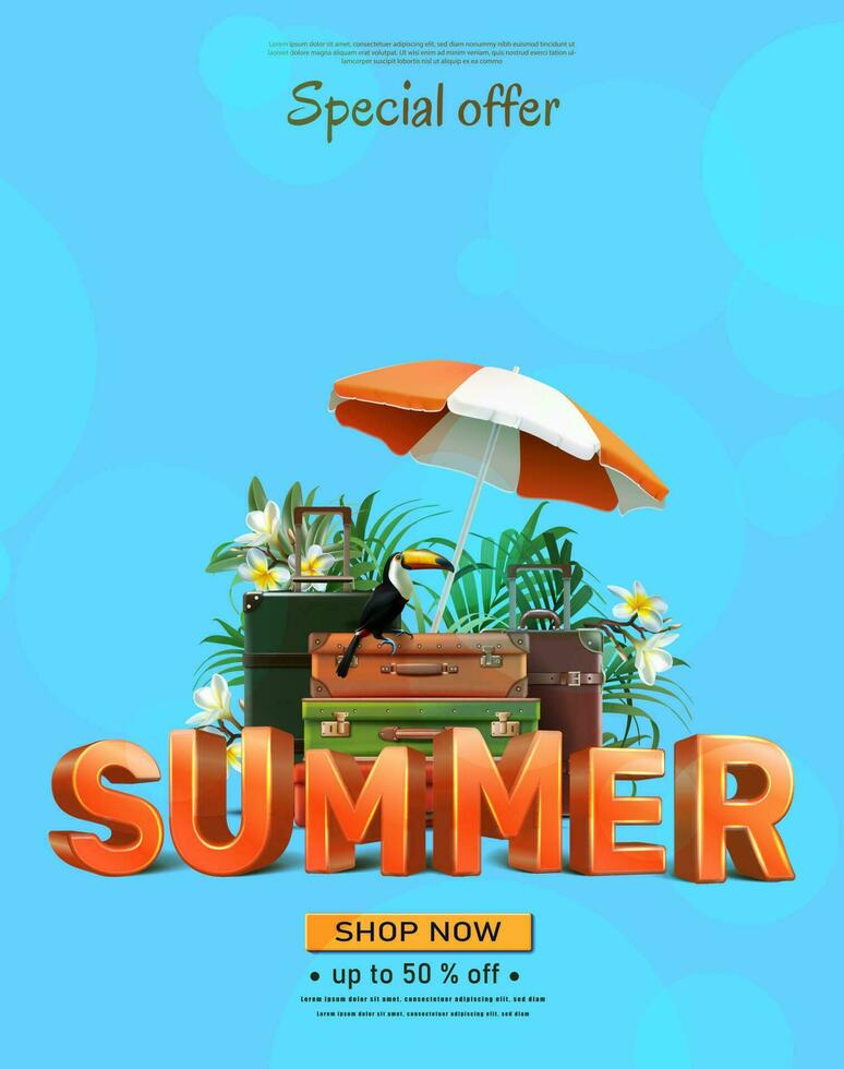 Summer travel background with beach and luggage on the side of the pool . vector