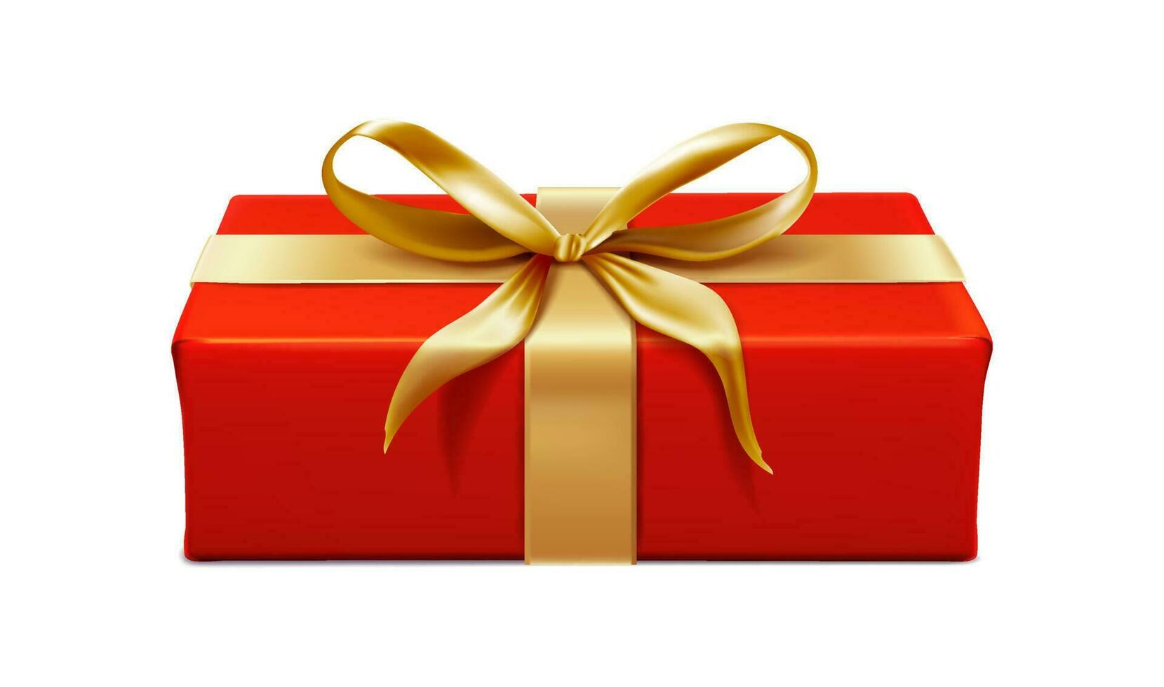 3d realistic vector icon. Red rectangular present box with gold ribbon and golden bow. Isolate on white background.