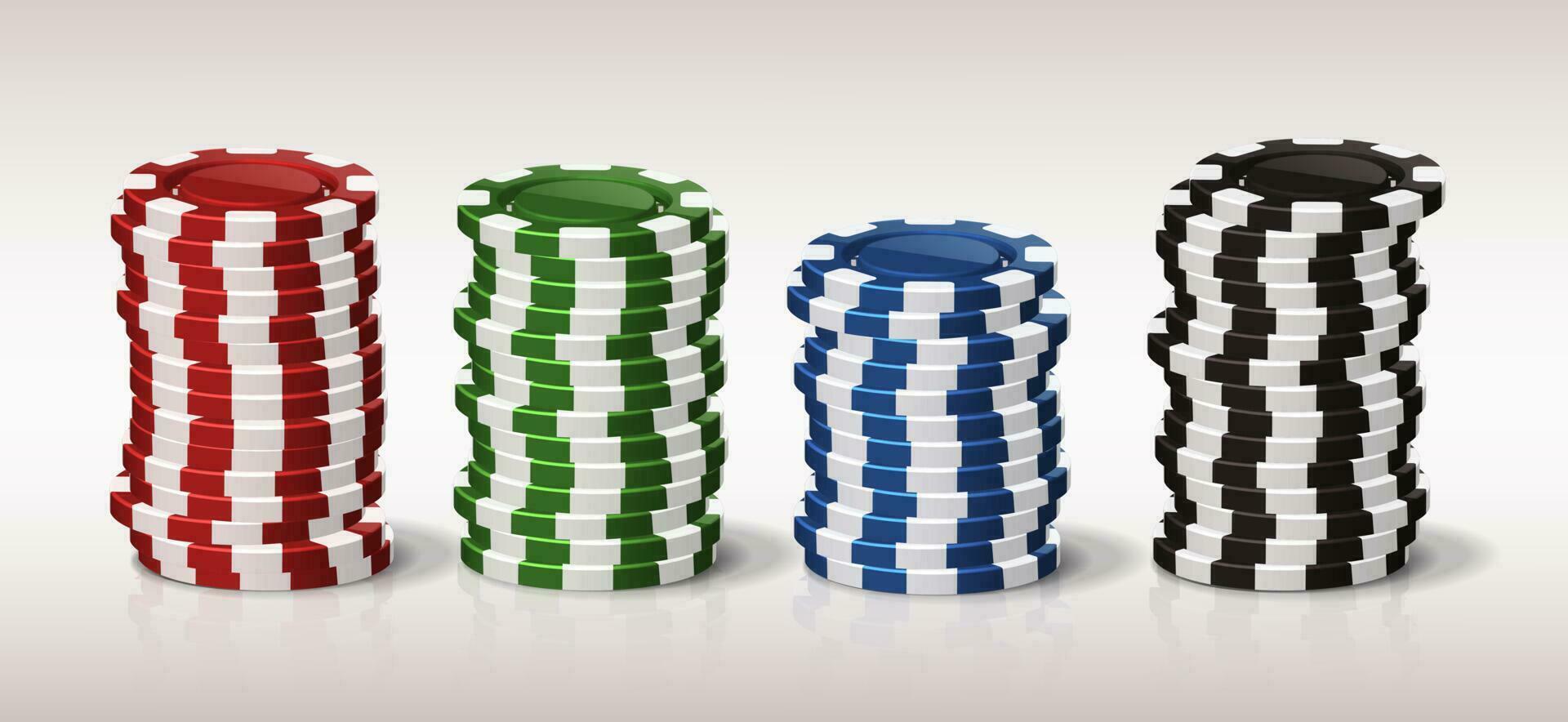 3d realista vector icono ilustración. póker papas fritas apilar en diferente colores. casino juego dinero fichas
