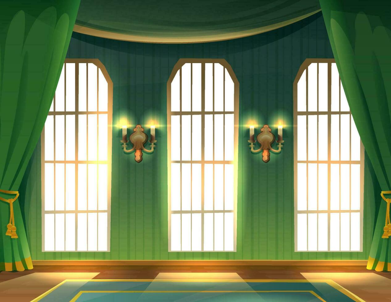 Vector cartoon style illustration. Castle indoor interior. Hall luxury medieval palace with big windows and long green curtains with wall lamps.