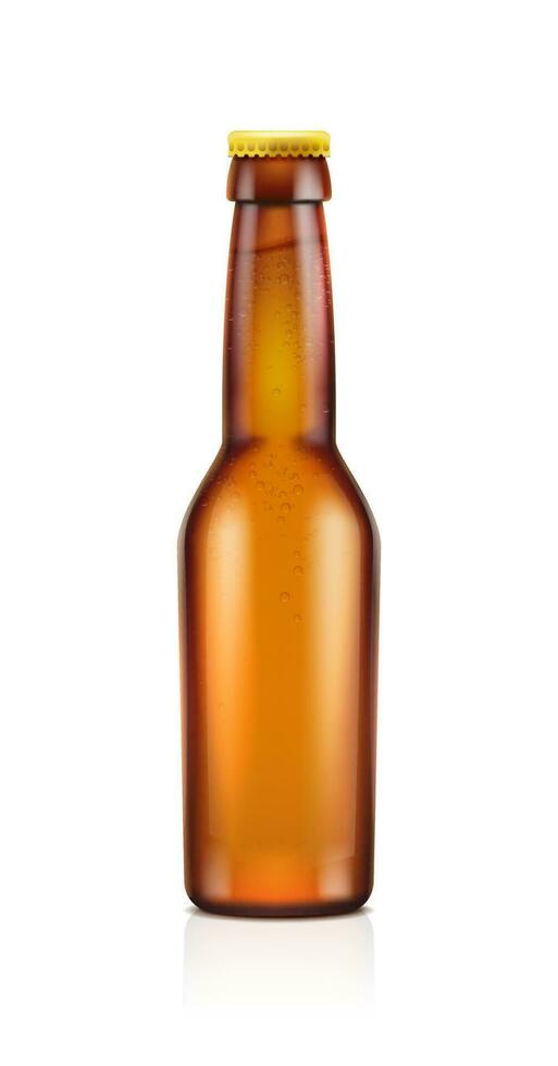 3d realistic vector icon. Brown transparent beer bottle. isolated on white background.