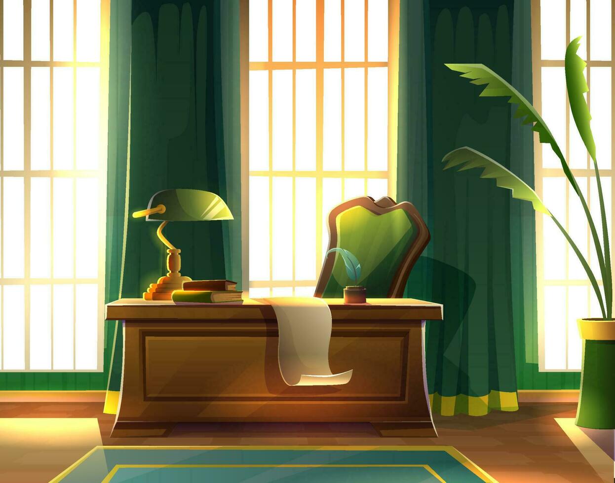 Vector cartoon style illustration. Cabinet or working desk, writer wooden table with paper, books and green lamp. Old interior with big windows and long curtains.