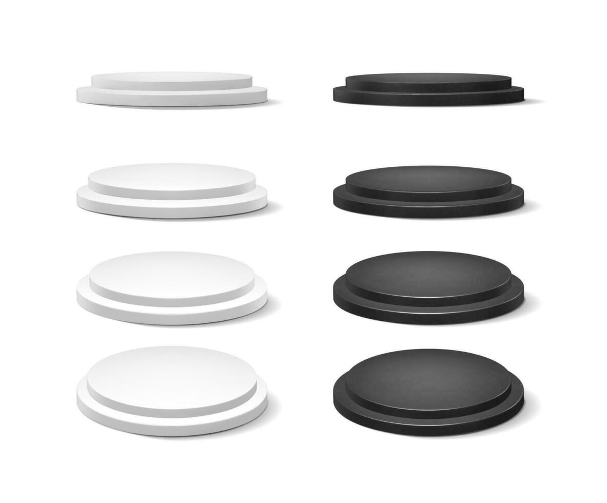 3d realistic vector ison set. Collection of white and black podium stands in different directions.