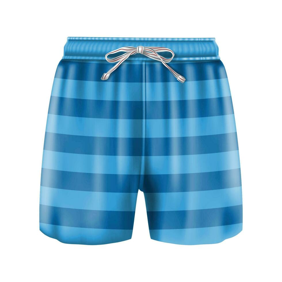 3d realistic vector man boxer swimsuit in stripes blue. Isolated on white background.