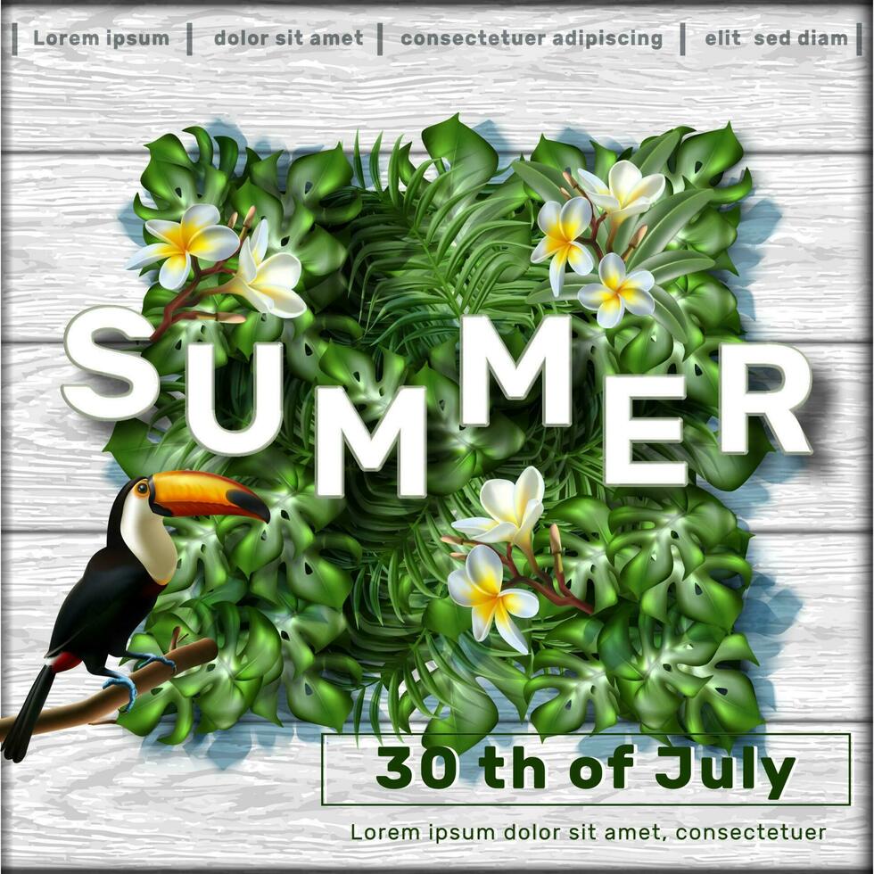 Vector summer sale banner template with tropical leaves and tukan bird.