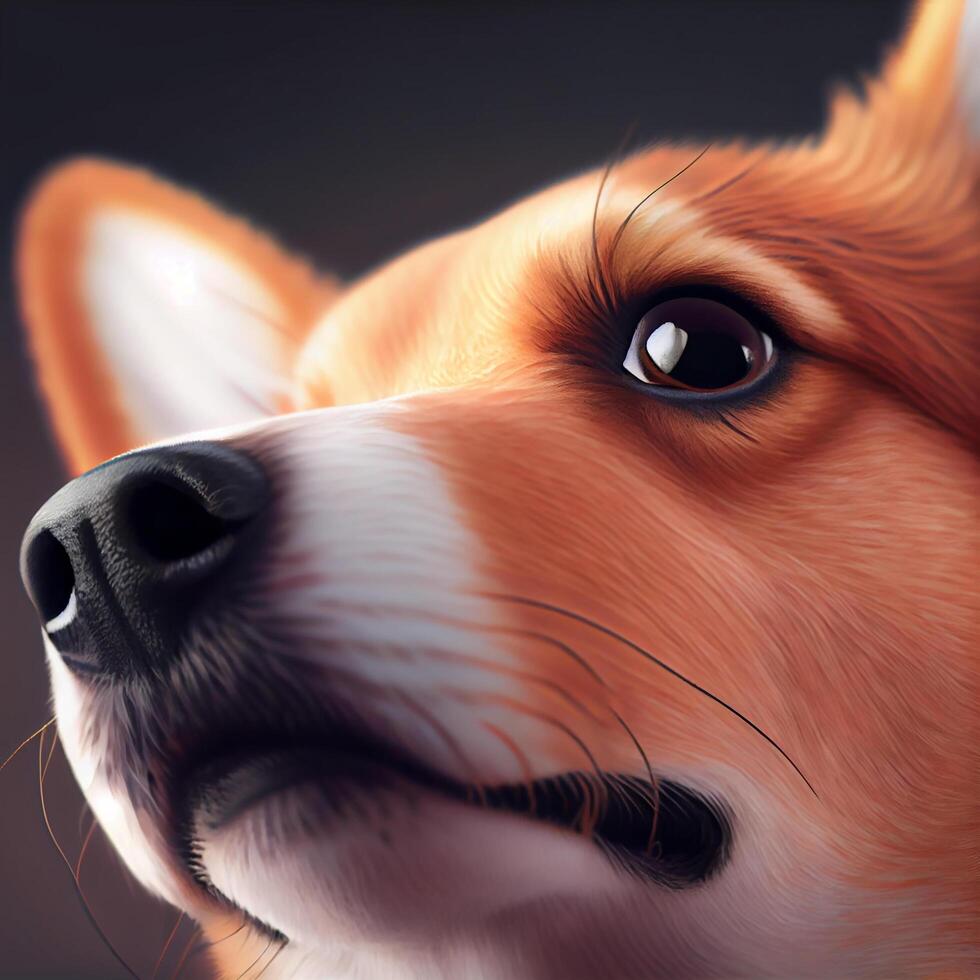 Close-up portrait of dog corgi face in profile. The muzzle of a dog with eyes, pink language, long mustache, black nose. Muzzle of a dog in profile . photo