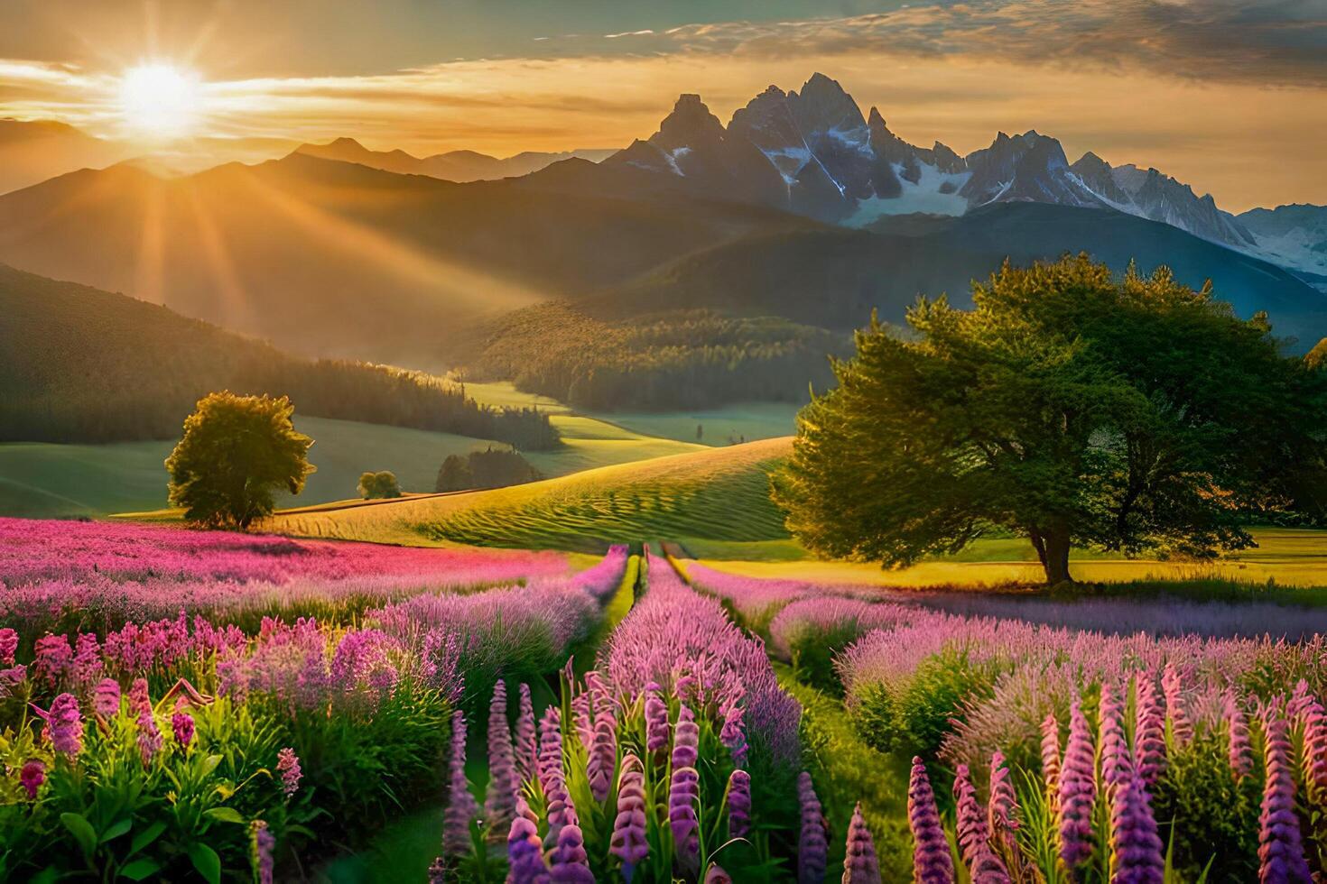 Landscape nature background with beautiful flowers, mountain and sunrise created with technology photo