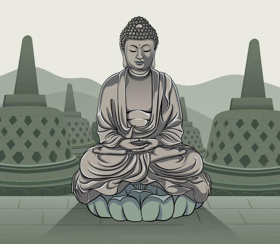 ilustración de Buda estatua con estupa antecedentes vector