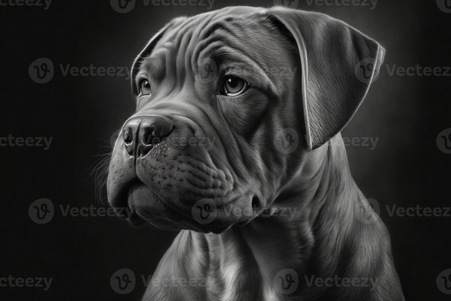 Black and white close-up portrait of bulldog created with photo