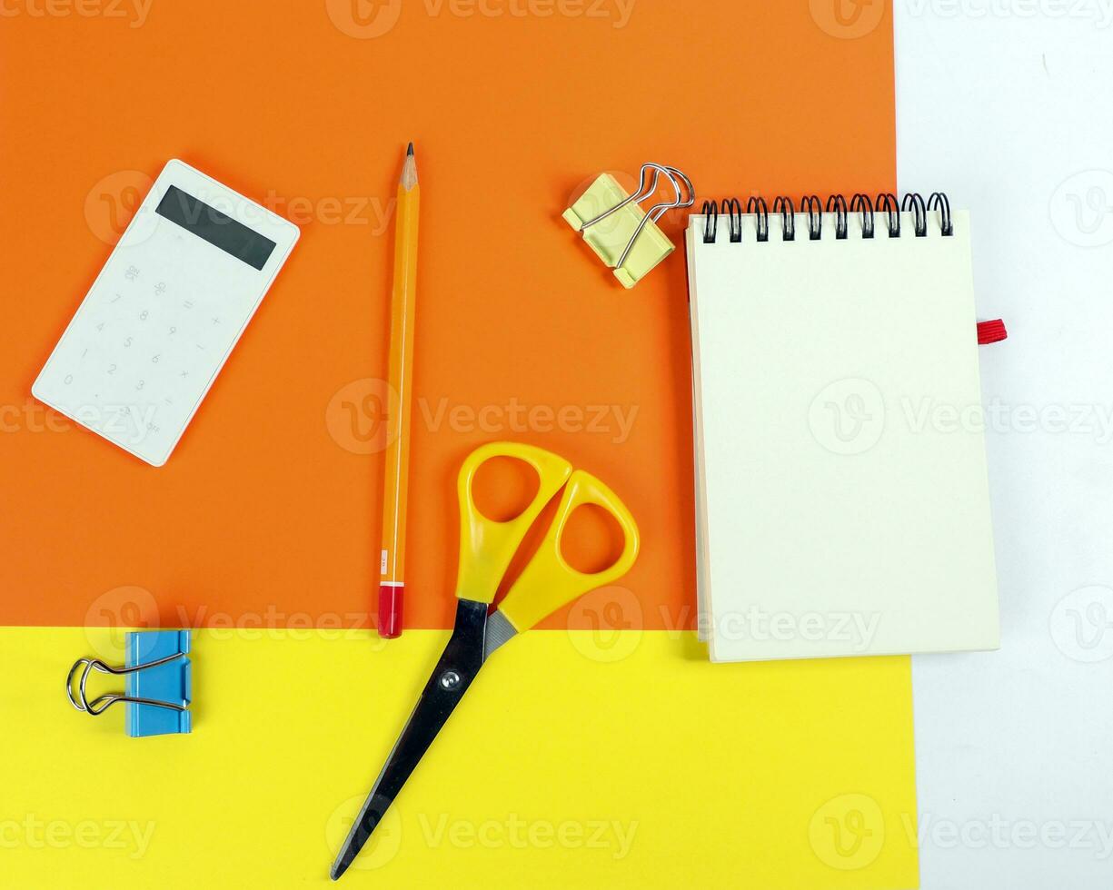Table top view office stationary supply copy space photo