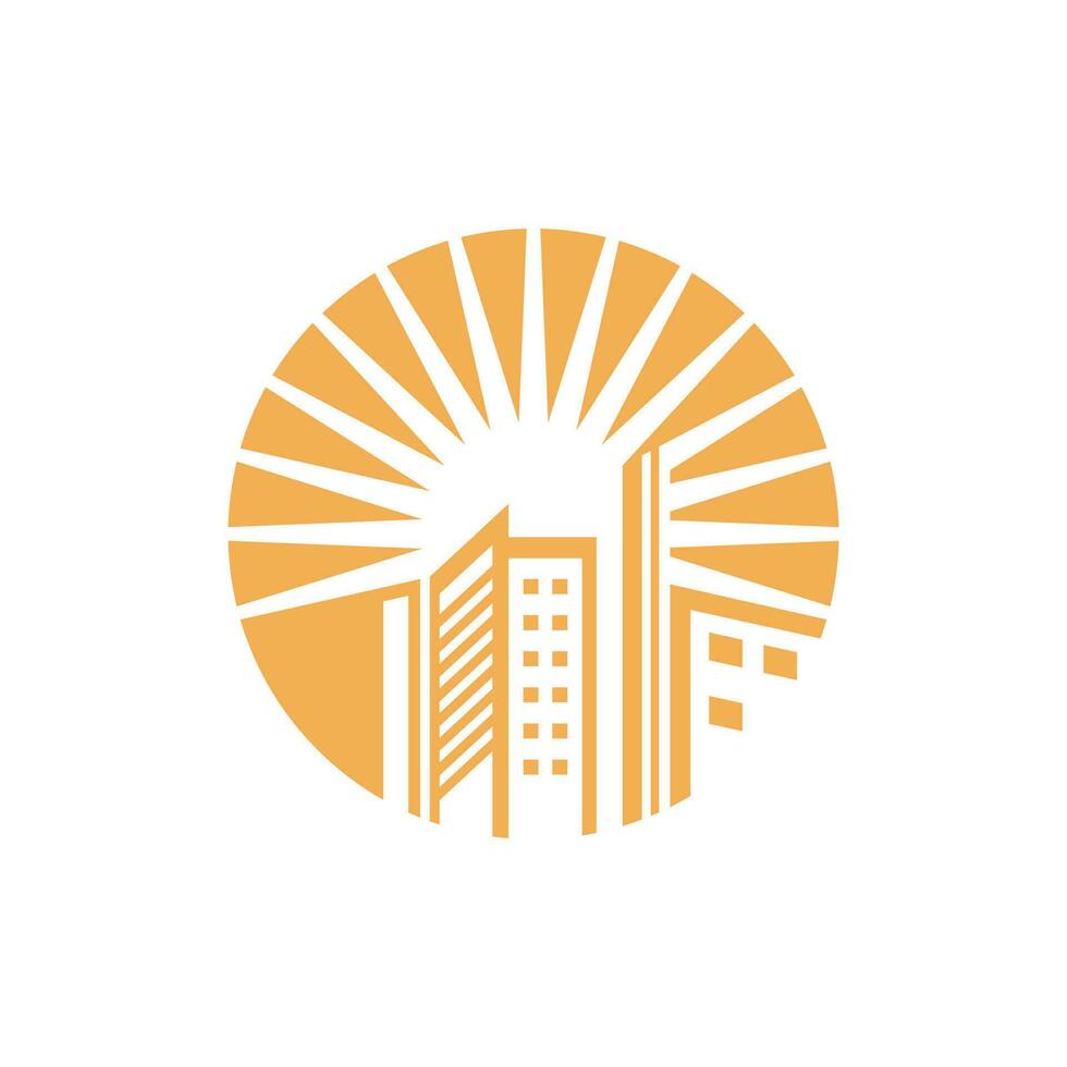 amanecer edificio ciudad cielo logo, urbano logo con Dom firmar, retro real inmuebles etiqueta diseño vector