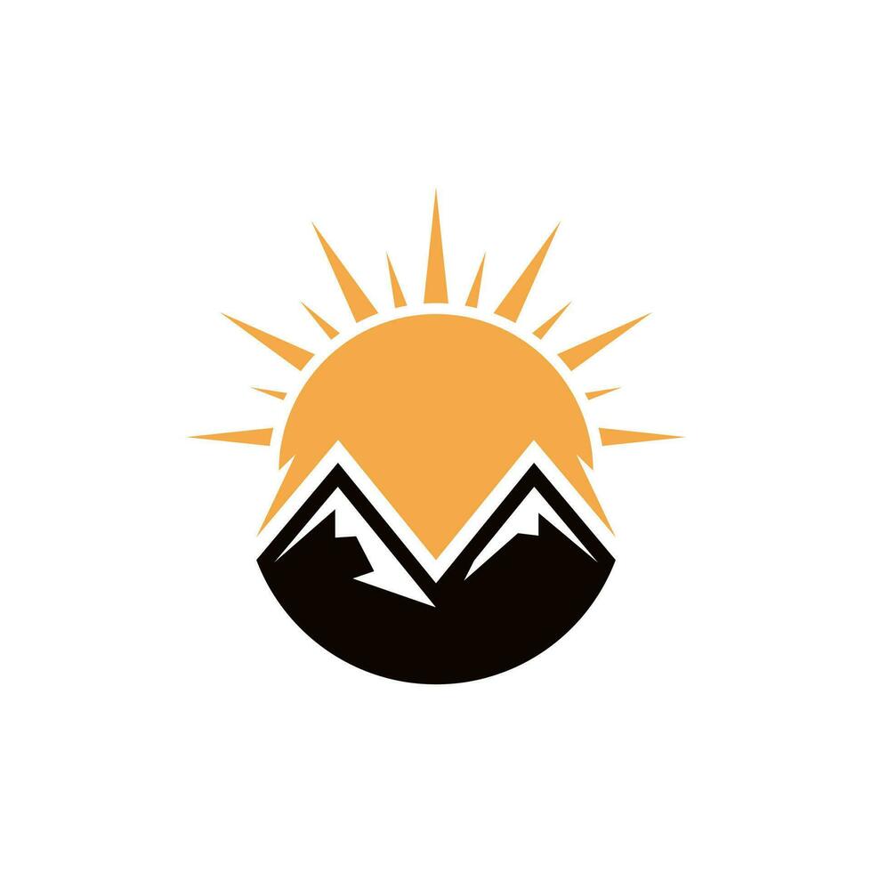 montaña y grande sol, montaña ver aventuras logo diseño inspiración vector