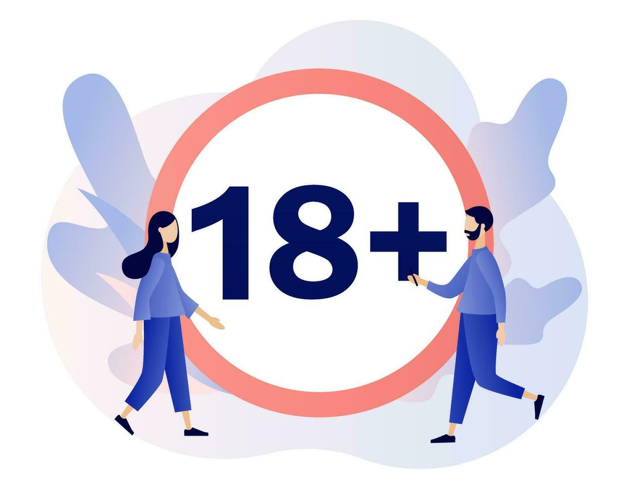 18 restriction sign. Prohibition sign for people under eighteen years of age. Age limit symbol. Adult only. Modern flat cartoon style. Vector illustration on white background