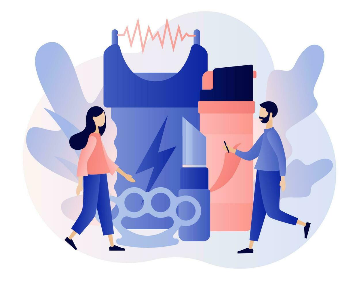 Self defense shop. Electric shock, pepper spray, brass knuckle, knife. Tiny people arming against bandits and hooligans. Modern flat cartoon style. Vector illustration on white background