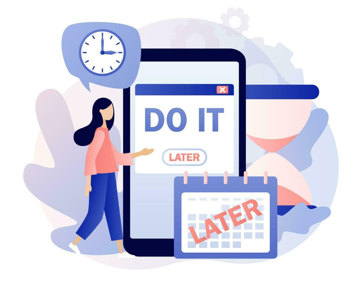 Do it later. Procrastination concept. Tiny woman procrastinating instead of working. Unprofitable time spending, useless pastime. Lazy, unproductive. Modern flat cartoon style. Vector illustration