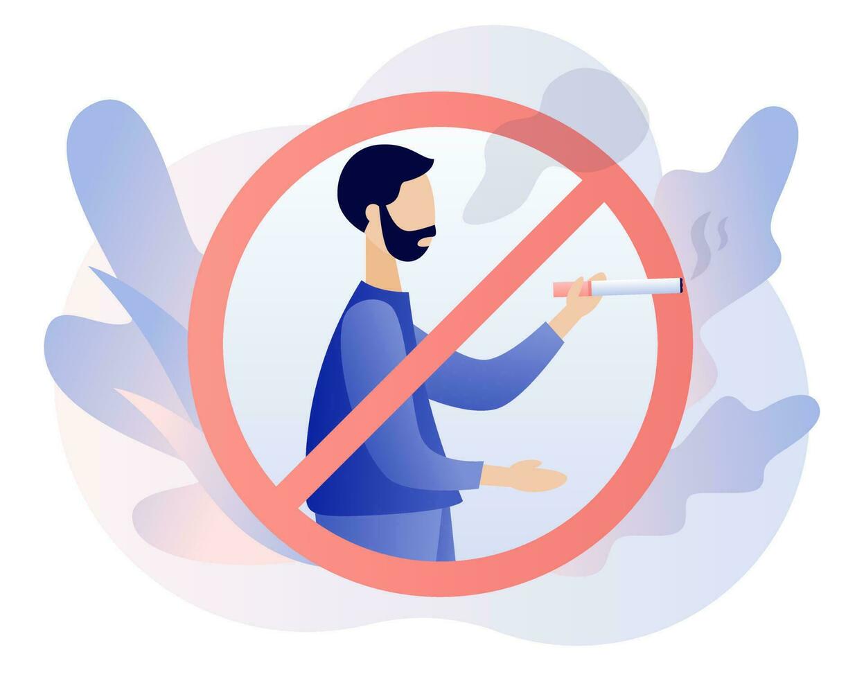 No smoking sign. Rejection of nicotine, stop smoke, healthy habits. Crossed out smoker with cigarette. Modern flat cartoon style. Vector illustration on white background