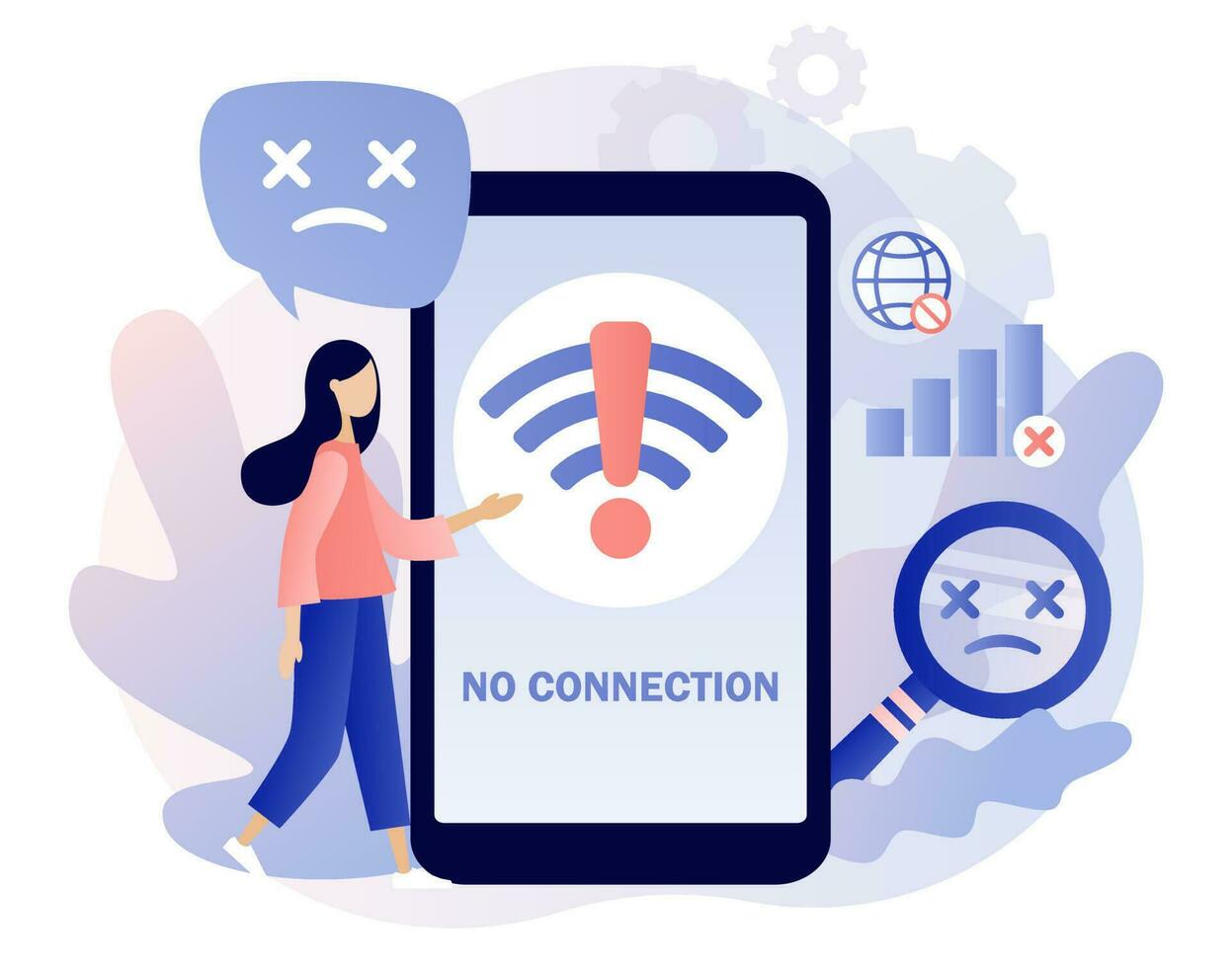 No internet connection on smartphone. Wireless connectivity disconnect. Error connection wifi. No signal network. Modern flat cartoon style. Vector illustration on white background