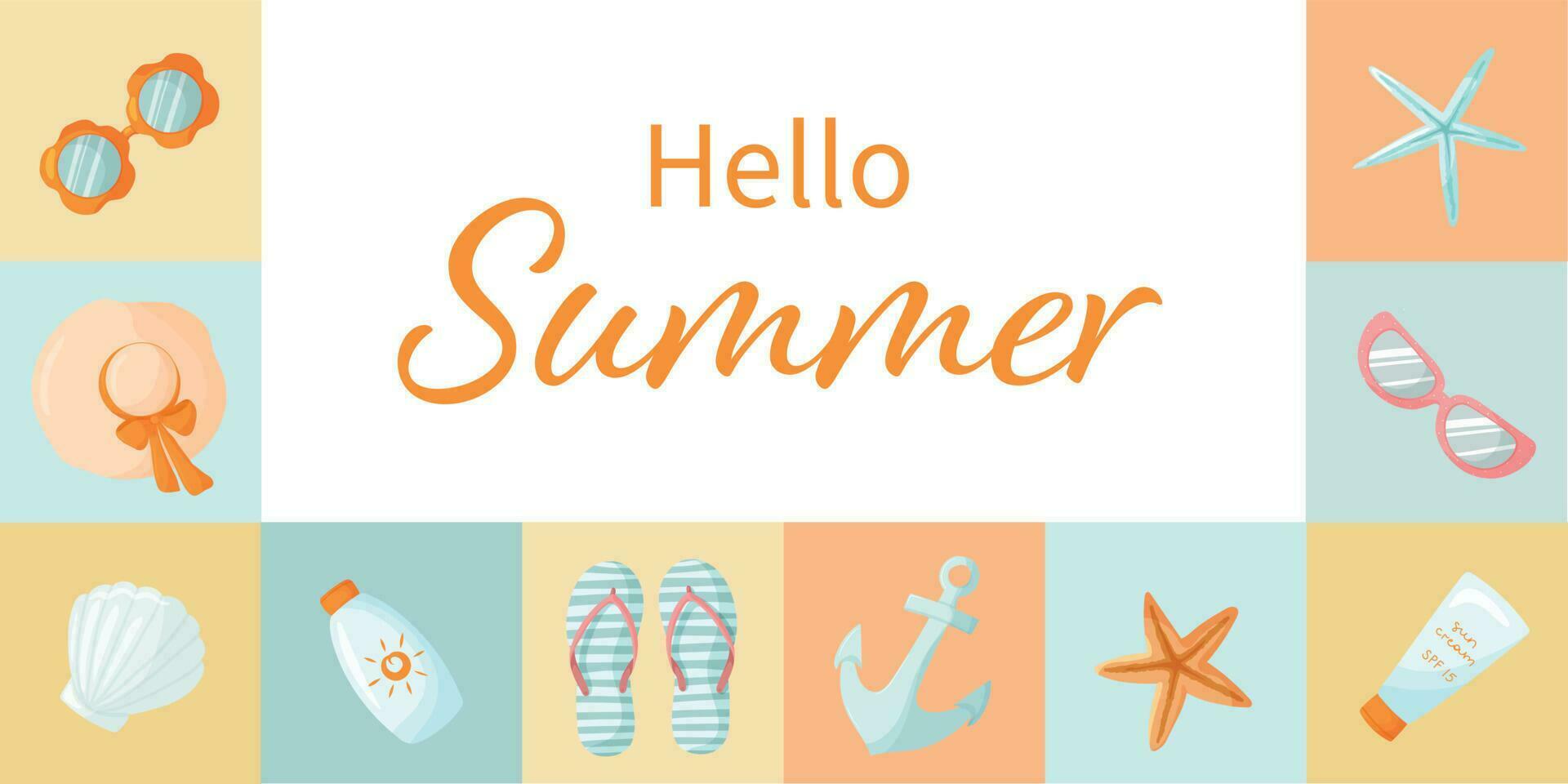 Nautical summer collage with various beach elements. Bright beach banner with sunglasses, seashells, sun cream, anchor and flip flops. Hello summer text. Template for summer events vector