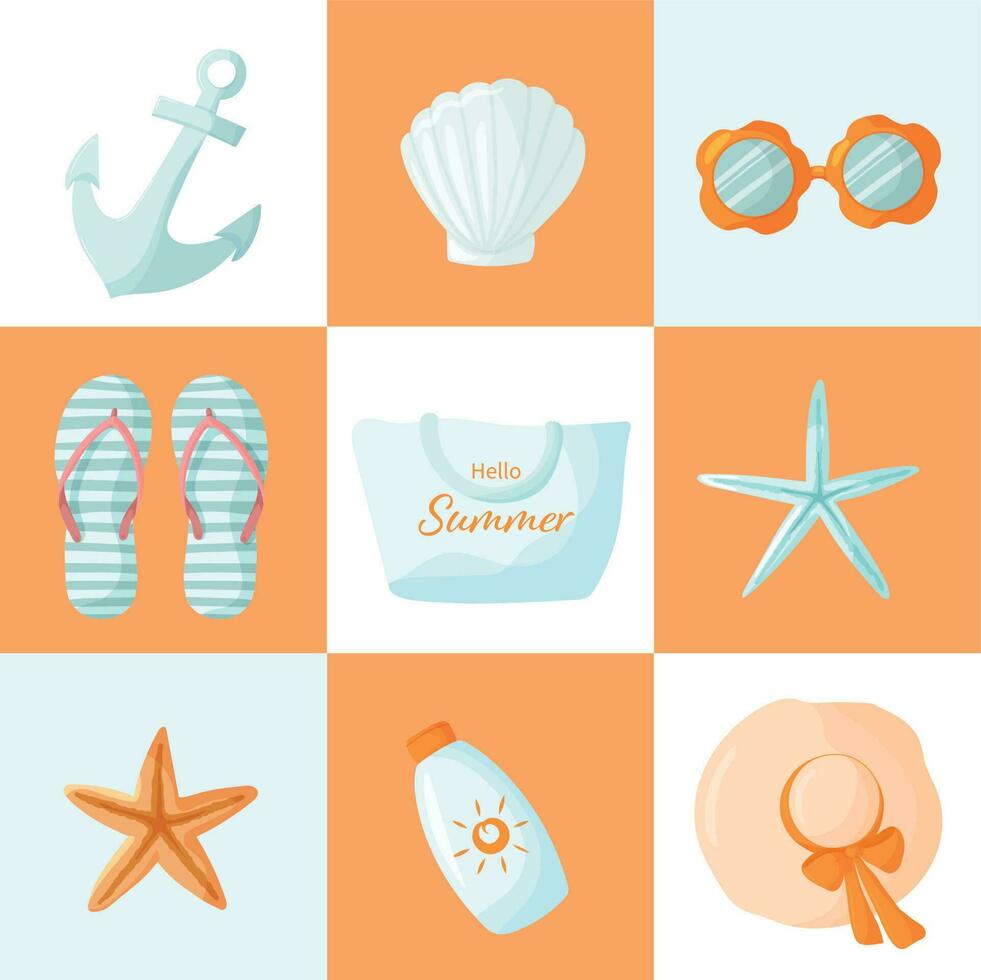 Nautical summer collage with various beach elements. Bright beach banner with sunglasses, seashells, sun cream vector