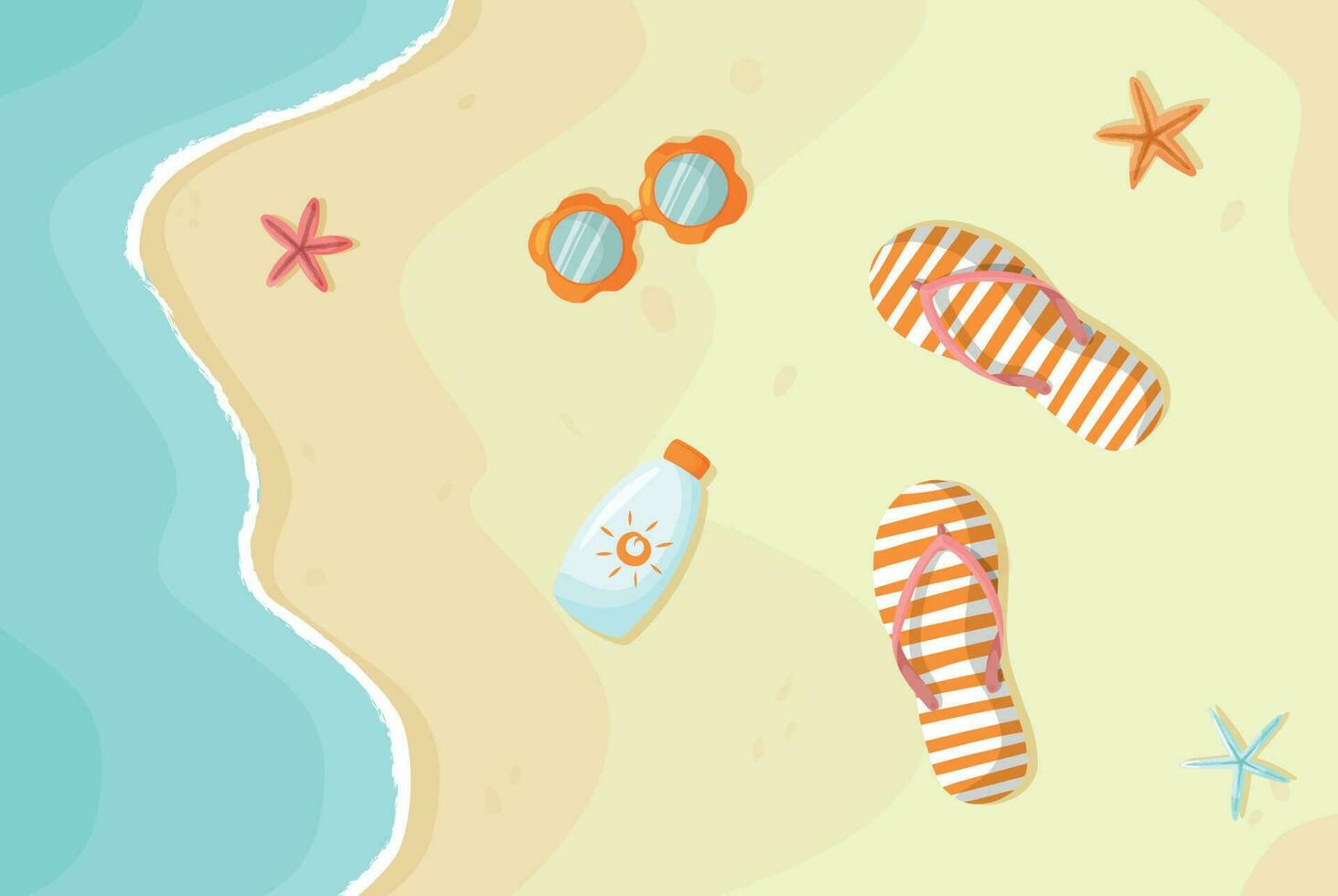 Colorful summer background with flip flops, sea, sunglasses and sun cream. Summer beach background. Beach, sea, yellow sand with slippers and starfish. Vector Illustration.