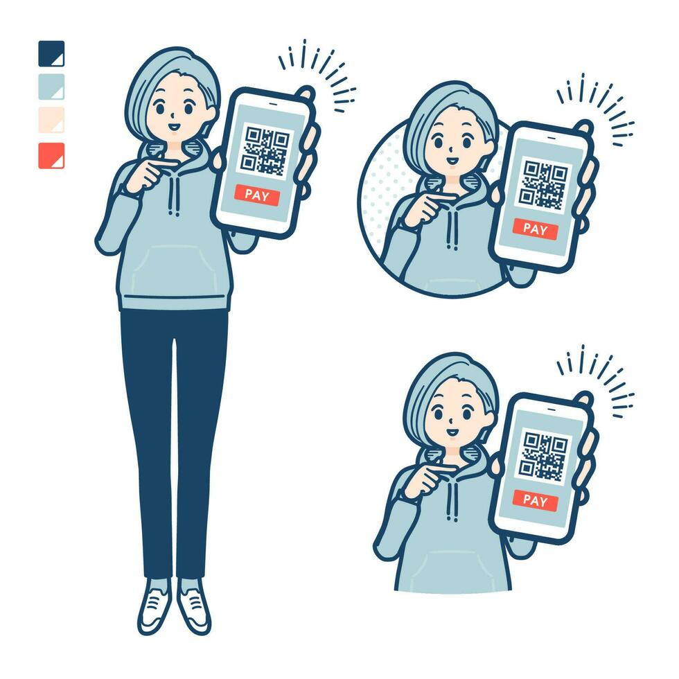 A Young woman in a hoodie with cashless payment on smartphone images vector