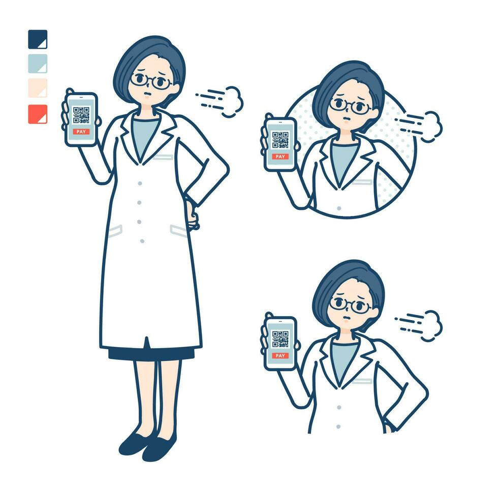 A woman doctor in a lab coat with cashless payment on smartphone Troubled image vector