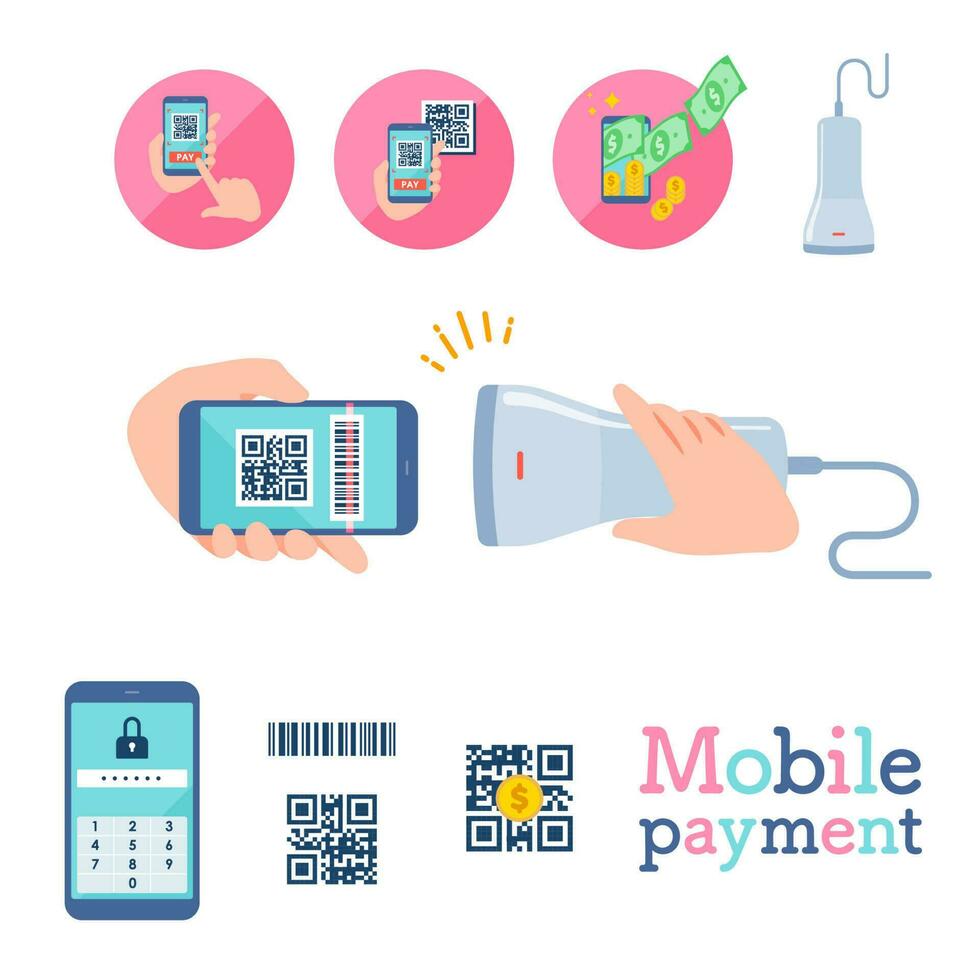 cashless flat QR code payment vector